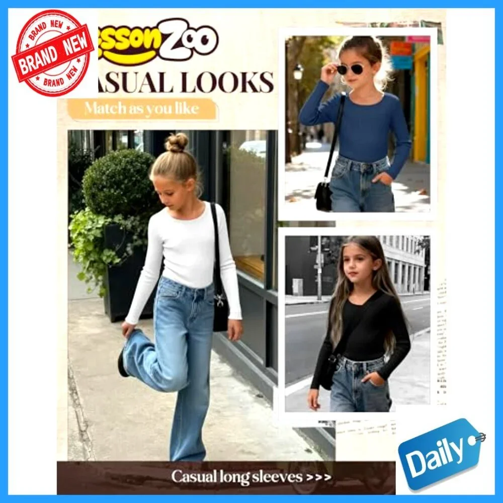 Girls Long Sleeve Cotton Ribbed Slim Fit Tees 3 Pack Layering Undershirts